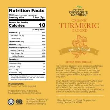 HQOExpress - USDA Certified Organic - Non GMO - Ground Turmeric Spice Powder Seasoning For Cooking - Sustainably Grown - Kosher - 21 oz. Chef Jar