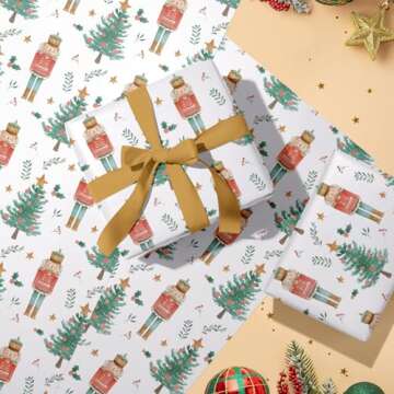 WRAPAHOLIC Kraft Christmas Wrapping Paper - Mini Roll - 17 Inch x 33 Feet - Nutcracker with Christmas Tree Design for Christmas, Holiday, Party Celebration
