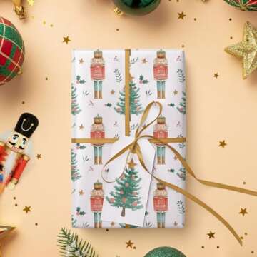 WRAPAHOLIC Kraft Christmas Wrapping Paper - Mini Roll - 17 Inch x 33 Feet - Nutcracker with Christmas Tree Design for Christmas, Holiday, Party Celebration