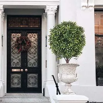 21 Inch Artificial Topiary Boxwood Ball Trees – Decorative Fake Greenery in Planter Pots for Front Porch, Indoor Walkway, Entryway Decorating, Set of 2