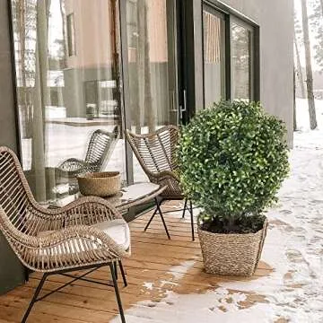 21 Inch Artificial Topiary Boxwood Ball Trees – Decorative Fake Greenery in Planter Pots for Front Porch, Indoor Walkway, Entryway Decorating, Set of 2