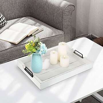 MyGift 20 x 14 inch Vintage White Wood Serving Tray, Farmhouse Rectangular Breakfast Tray, Decorative Ottoman Coffee Table Tray with Modern Black Metal Handles