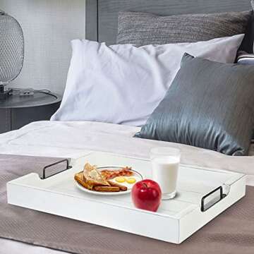 MyGift 20 x 14 inch Vintage White Wood Serving Tray, Farmhouse Rectangular Breakfast Tray, Decorative Ottoman Coffee Table Tray with Modern Black Metal Handles