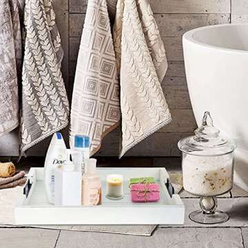 MyGift 20 x 14 inch Vintage White Wood Serving Tray, Farmhouse Rectangular Breakfast Tray, Decorative Ottoman Coffee Table Tray with Modern Black Metal Handles