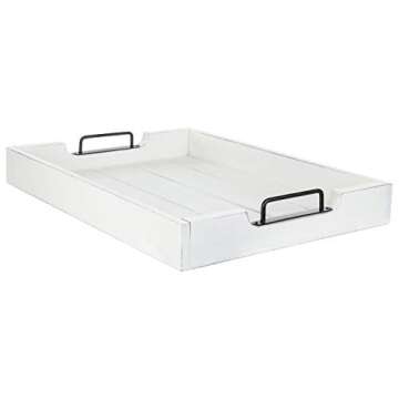 MyGift 20 x 14 inch Vintage White Wood Serving Tray, Farmhouse Rectangular Breakfast Tray, Decorative Ottoman Coffee Table Tray with Modern Black Metal Handles