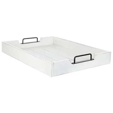 MyGift Vintage White Wooden Serving Tray with Handles