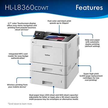 Brother Printer HLL8360CDWT Business Color Laser Printer with Duplex Printing, Wireless Networking a...