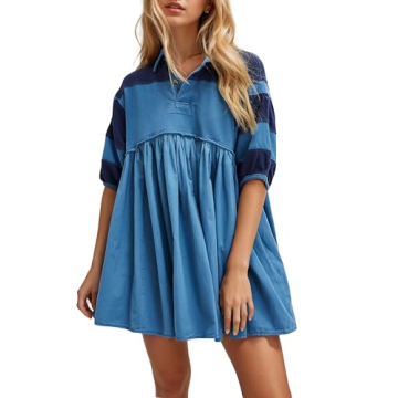 OLAPTA Women Patchwork Oversized Sweatshirts Mini Dress Striped Colorblock Half Sleeve Collar Fall P...