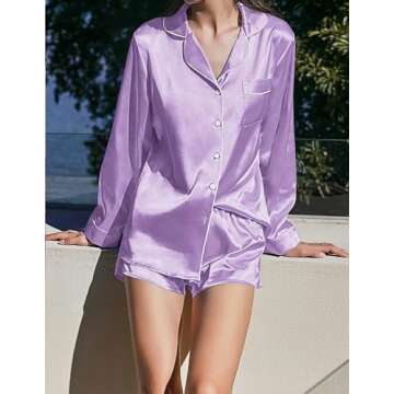 Ekouaer Women's Bridal Feather Trim Silk Satin Pajama Set Long Sleeve Lounge Sets Sleepwear (Removable Feather) Lilac Purple Small