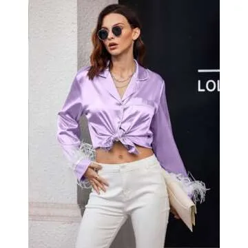 Ekouaer Women's Bridal Feather Trim Silk Satin Pajama Set