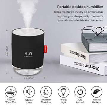 Portable Mini Humidifier, 500ml Small Cool Mist Humidifier, USB Personal Desktop Humidifier for Baby...