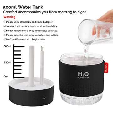 Portable Mini Humidifier, 500ml Small Cool Mist Humidifier, USB Personal Desktop Humidifier for Baby Bedroom Travel Office Home, Auto Shut-Off, 2 Mist Modes, Super Quiet (Black)
