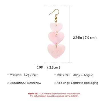 coadipress Acrylic Love Heart Earrings for Women Unique Lightweight Geometric Resin Three Pink Heart Dangle Drop Earrings Jewelry (Three Pink Heart)