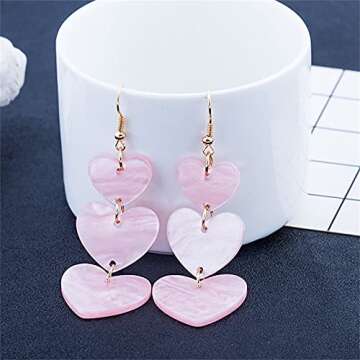 coadipress Acrylic Love Heart Earrings for Women Unique Lightweight Geometric Resin Three Pink Heart Dangle Drop Earrings Jewelry (Three Pink Heart)