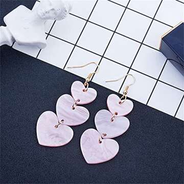 coadipress Acrylic Love Heart Earrings for Women Unique Lightweight Geometric Resin Three Pink Heart Dangle Drop Earrings Jewelry (Three Pink Heart)