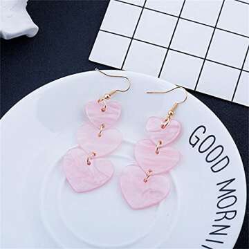 coadipress Acrylic Love Heart Earrings for Women Unique Lightweight Geometric Resin Three Pink Heart Dangle Drop Earrings Jewelry (Three Pink Heart)