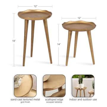 Kate and Laurel Alessia Modern Round Outdoor Plant Stand Set, Set of 2, Gold, Cast Aluminum Two-Piece Accent Table Set for Use as Indoor or Outdoor Plant Risers with Deckled Edges