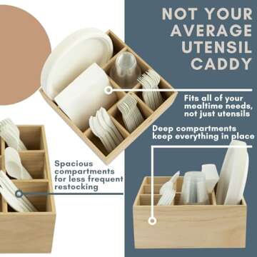 Large Wooden Silverware Caddy For Party, Holds Plates, Napkins, Cups, Forks, Spoons, and Knives, Utensil Holder for Party, Hosting Essentials, Cutlery Holder for Party, Flatware Caddy, Utensil Caddy