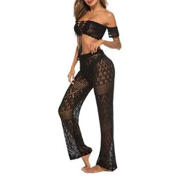 Womens Loose Straight Casual Flowy Crochet Hollow Out Cover Up Swimwear Swimsuit Bikini Pants