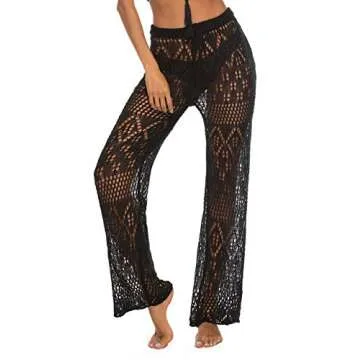 Womens Loose Straight Casual Flowy Crochet Hollow Out Cover Up Swimwear Swimsuit Bikini Pants