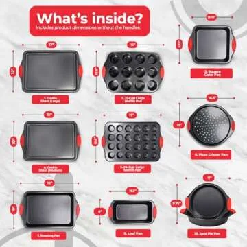PERLLI Non-Stick 10-Piece Baking Pan Set, BPA-Free Carbon Steel Bakeware Set with Silicone Handles, ...