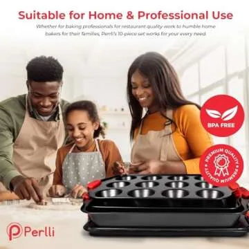 PERLLI Non-Stick 10-Piece Baking Pan Set, BPA-Free Carbon Steel Bakeware Set with Silicone Handles, Stackable Kitchen Oven Set, Cookie Sheet, Baking Tray, Baking Sheet Set, Oven Safe (446°F)