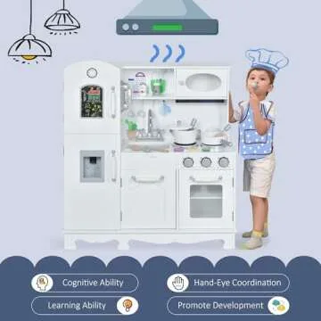 Qaba Kids Kitchen Playset with Telephone, Wooden Kitchenette for Kids with Cookware, Storage Cabinet, Water Dispenser, Blackboard, Toddler Pretend Play Kitchen with Cooking Accessories for Aged 3+