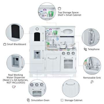 Qaba Kids Kitchen Playset with Telephone, Wooden Kitchenette for Kids with Cookware, Storage Cabinet, Water Dispenser, Blackboard, Toddler Pretend Play Kitchen with Cooking Accessories for Aged 3+