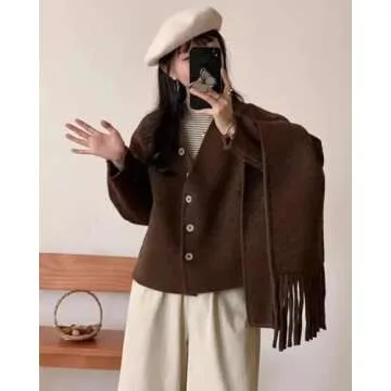 Babalet Wool Blend Double-faced Women Wool Pea Coat Button Scarf Casual Coat Trench Coat Handmade Timeless Women Coat with Pockets Winter Jacket Coffee,S