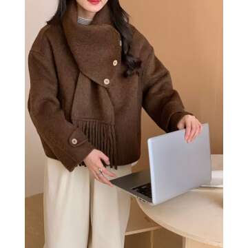 Babalet Wool Blend Double-faced Women Wool Pea Coat Button Scarf Casual Coat Trench Coat Handmade Timeless Women Coat with Pockets Winter Jacket Coffee,S