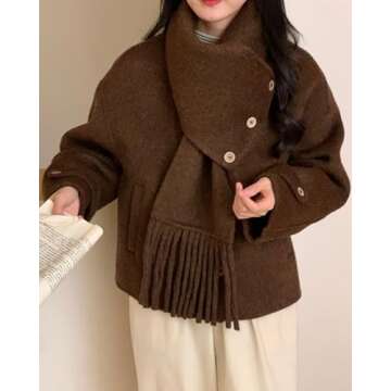 Babalet Wool Blend Double-faced Women Wool Pea Coat Button Scarf Casual Coat Trench Coat Handmade Timeless Women Coat with Pockets Winter Jacket Coffee,S