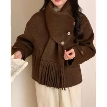 Babalet Wool Blend Double-faced Women Wool Pea Coat Button Scarf Casual Coat Trench Coat Handmade Timeless Women Coat with Pockets Winter Jacket Coffee,S