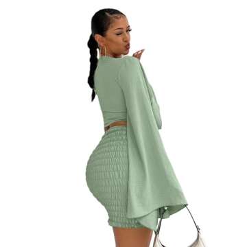 LYANER Women's 2 Piece Outfits Tie Knot Front Bell Long Sleeve Crop Tops and Mini Skirt Set Light Green Large