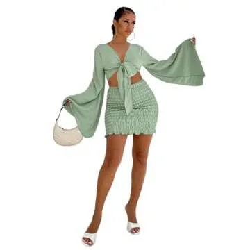 LYANER Women's 2 Piece Outfits Tie Knot Front Bell Long Sleeve Crop Tops and Mini Skirt Set Light Green Large