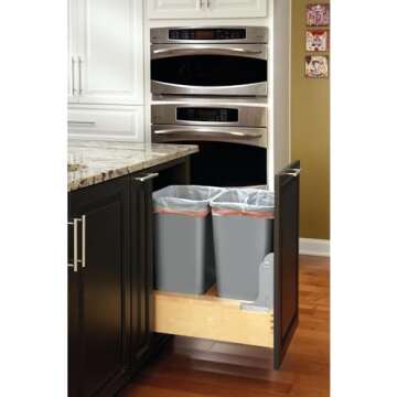 Rev-A-Shelf Double 50-Quart Pull Out Under Cabinet Trash Can with Soft Open & Close Slide System, Metallic Silver, Maple Wood Bottom 4WCBM-2150DM-2