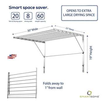 Smartsome | Wall Mounted | Clothes Drying Rack | 30" Wide | 20 Linear Feet Capacity | 8 Smooth Round Stainless Steel Rods | 60 lb Capacity | Fully Assembled | Compact Sturdy Space-Saving Design