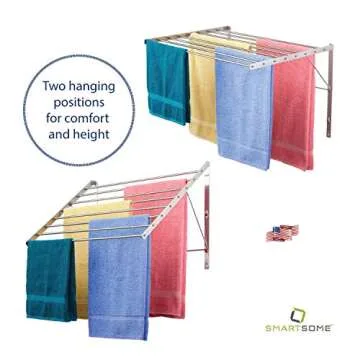 Smartsome | Wall Mounted | Clothes Drying Rack | 30" Wide | 20 Linear Feet Capacity | 8 Smooth Round Stainless Steel Rods | 60 lb Capacity | Fully Assembled | Compact Sturdy Space-Saving Design