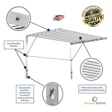 Smartsome | Wall Mounted | Clothes Drying Rack | 30" Wide | 20 Linear Feet Capacity | 8 Smooth Round Stainless Steel Rods | 60 lb Capacity | Fully Assembled | Compact Sturdy Space-Saving Design