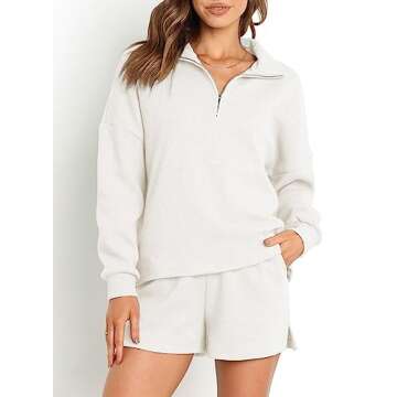 Aleumdr Women 2 Piece Lounge Set Fall Outfits Sweatsuit Zip Up Sweatshirt Loungewear Shorts Casual Cozy Matching Tracksuit Set White Medium