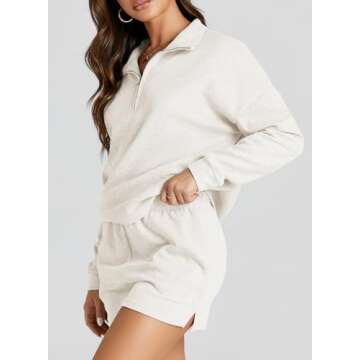 Aleumdr Women 2 Piece Lounge Set Fall Outfits Sweatsuit Zip Up Sweatshirt Loungewear Shorts Casual Cozy Matching Tracksuit Set White Medium