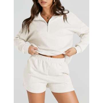 Aleumdr Women 2 Piece Lounge Set Fall Outfits Sweatsuit Zip Up Sweatshirt Loungewear Shorts Casual Cozy Matching Tracksuit Set White Medium