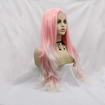 melody wig Baby Pink Wig Synthetic Pink Lace Front Wigs For Women Hair Long Blonde Tips Hair Heat Re...