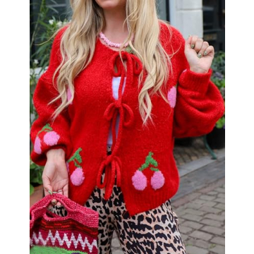 Yimoon Womens Bow Tie Front Cardigan Cute Cherry Open Front Y2k Sweater Oversized Chunky Knit Cardigan Tops(Red-L)