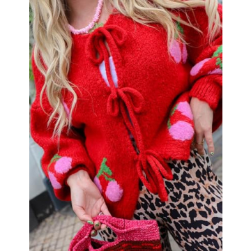 Yimoon Womens Bow Tie Front Cardigan Cute Cherry Open Front Y2k Sweater Oversized Chunky Knit Cardigan Tops(Red-L)
