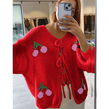 Yimoon Womens Bow Tie Front Cardigan Cute Cherry Open Front Y2k Sweater Oversized Chunky Knit Cardigan Tops(Red-L)