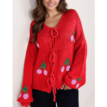 Yimoon Womens Bow Tie Front Cardigan Cute Cherry Open Front Y2k Sweater Oversized Chunky Knit Cardigan Tops(Red-L)