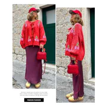 Yimoon Womens Bow Tie Front Cardigan Cute Cherry Open Front Y2k Sweater Oversized Chunky Knit Cardigan Tops(Red-L)