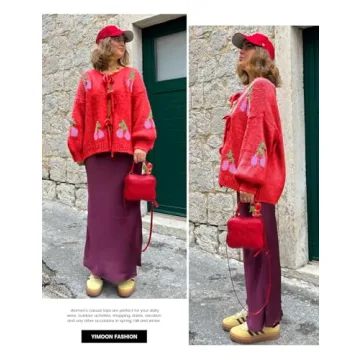 Yimoon Womens Bow Tie Front Cardigan Cute Cherry Open Front Y2k Sweater Oversized Chunky Knit Cardigan Tops(Red-L)