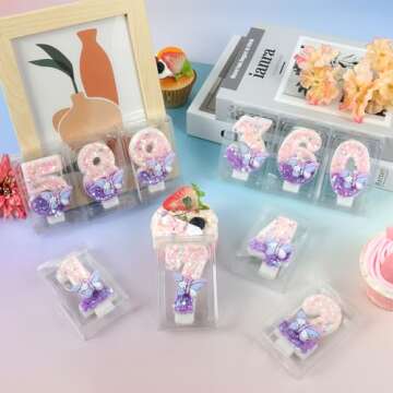 Birthday Number Candles Pink Purple Butterfly Cake Topper