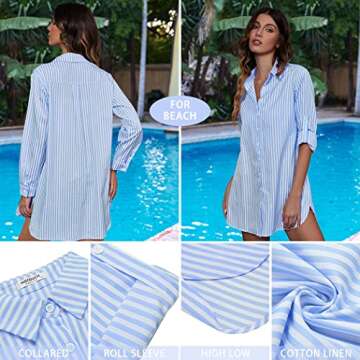 HOTOUCH Women Striped Button Down Shirts Casual Boyfriend Long Shirts Baggy Shirt (Blue Striped L)